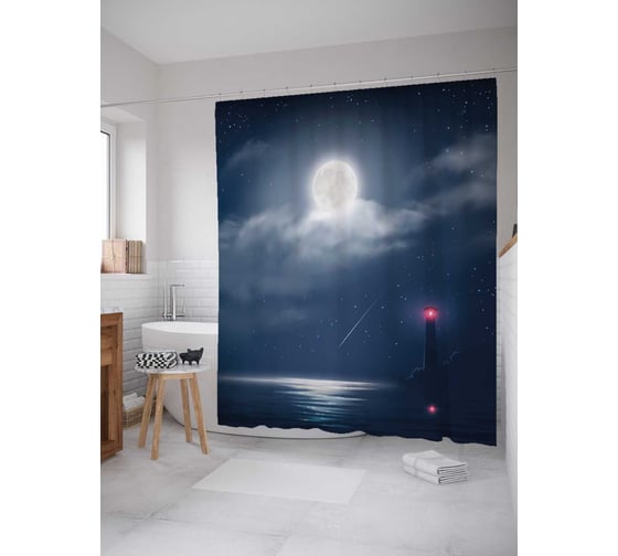 Штора (занавеска) для ванной JoyArty "Полнолуние над маяком" из сатена, 180х200 см с крючками, sc_35621