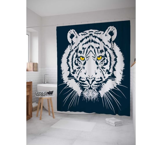 Штора (занавеска) для ванной JoyArty "Портрет бенгальского тигра" из сатена, 180х200 см с крючками, sc_38665 1