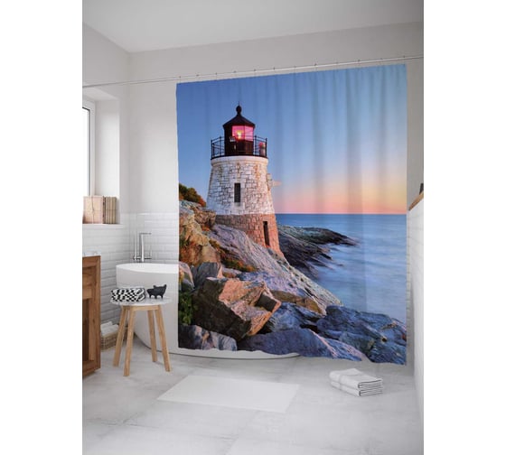 Штора (занавеска) для ванной JoyArty "Огонь маяка" из сатена, 180х200 см с крючками, sc_6585