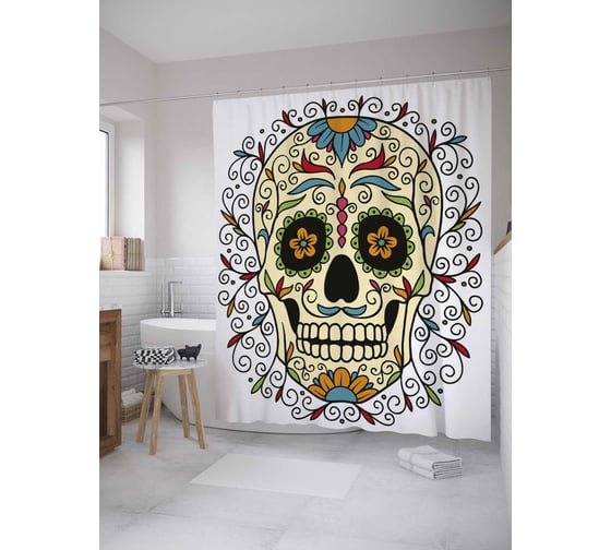 Штора (занавеска) для ванной JoyArty "Орнаментальный череп" из сатена, 180х200 см с крючками, sc_35940
