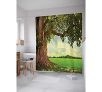 Штора (занавеска) для ванной JoyArty "Дерево на зеленой поляне" из сатена, 180х200 см с крючками, sc_7515