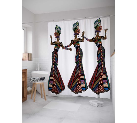 Штора (занавеска) для ванной JoyArty "Три африканки" из сатена, 180х200 см с крючками, sc_36759 1