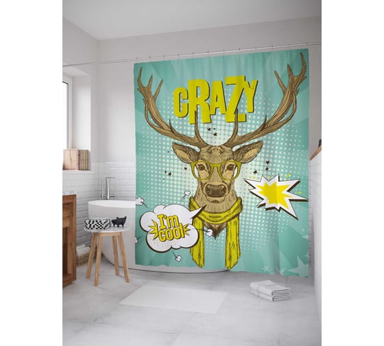 Штора (занавеска) для ванной JoyArty "Олень в очках" из сатена, 180х200 см с крючками, sc_37629 1