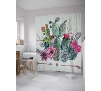 Штора (занавеска) для ванной JoyArty "Кактусы в цвету" из сатена, 180х200 см с крючками, sc_36169
