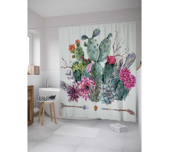 Штора (занавеска) для ванной JoyArty "Кактусы в цвету" из сатена, 180х200 см с крючками, sc_36169 1