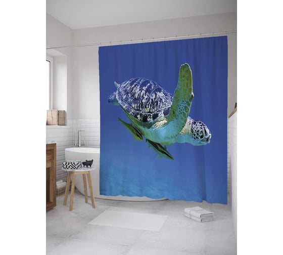 Штора (занавеска) для ванной JoyArty "Черепаха с рыбками" из сатена, 180х200 см с крючками, sc_35239 1