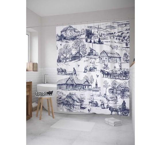 Штора (занавеска) для ванной JoyArty "Деревенский пейзаж" из сатена, 180х200 см с крючками, sc_8140