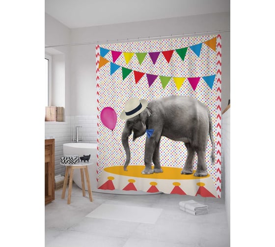 Штора (занавеска) для ванной JoyArty "Цирковой слон" из сатена, 180х200 см с крючками, sc_7424