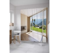 Штора (занавеска) для ванной JoyArty "Веранда с выходом на газон" из сатена, 180х200 см с крючками, sc_34818