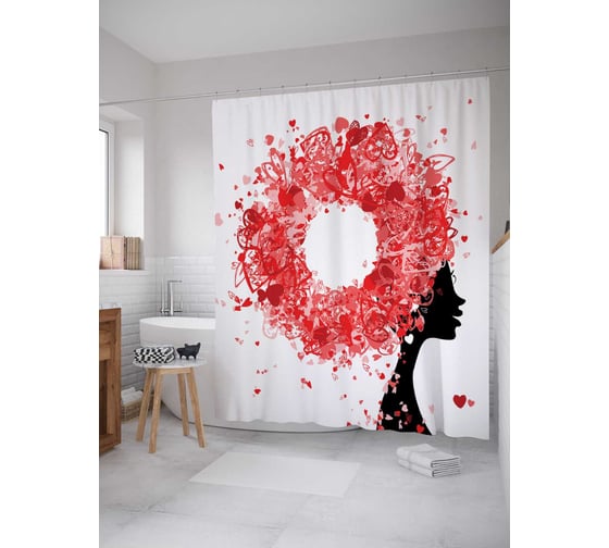 Штора (занавеска) для ванной JoyArty "Любовная прическа" из сатена, 180х200 см с крючками, sc_6619 1