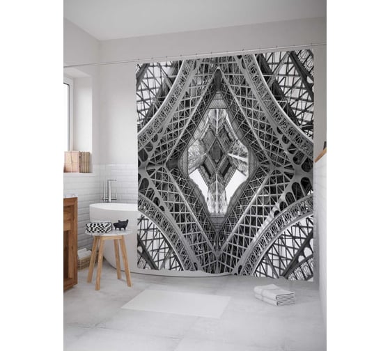 Штора (занавеска) для ванной JoyArty "Геометрия Эйфелевой башни" из сатена, 180х200 см с крючками, sc_38176