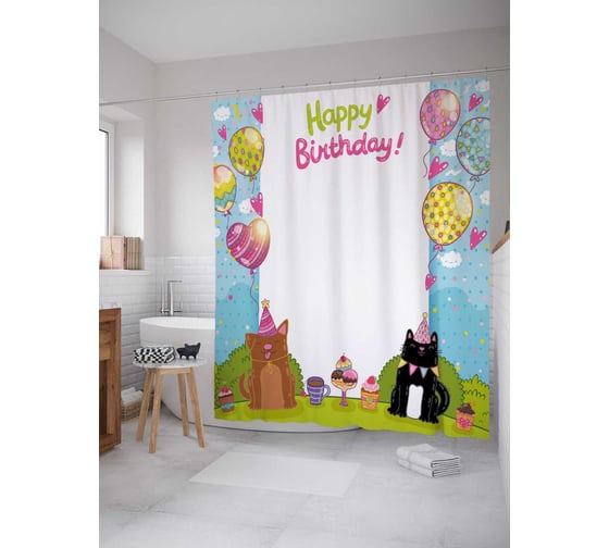 Штора (занавеска) для ванной JoyArty "Котики поздравляют" из сатена, 180х200 см с крючками, sc_34470 1