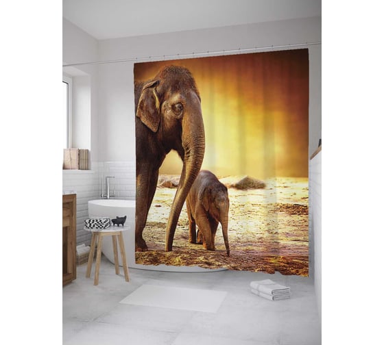 Штора (занавеска) для ванной JoyArty "Детеныш слона" из сатена, 180х200 см с крючками, sc_8890 1