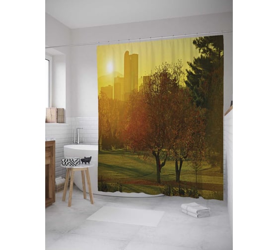 Штора (занавеска) для ванной JoyArty "Рассвет в городском парке" из сатена, 180х200 см с крючками, sc_32683