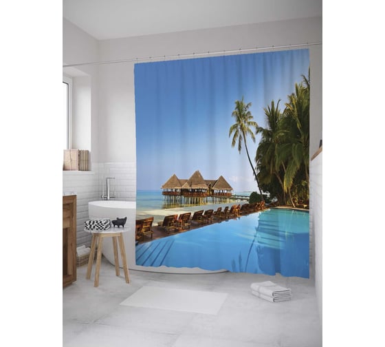 Штора (занавеска) для ванной JoyArty "Пляжные посиделки" из сатена, 180х200 см с крючками, sc_9368