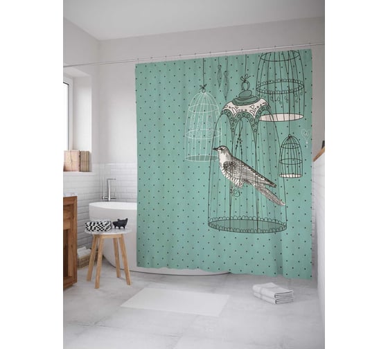 Штора (занавеска) для ванной JoyArty "Птичка в клетке" из сатена, 180х200 см с крючками, sc_72613 1