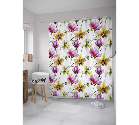 Штора (занавеска) для ванной JoyArty "Акварельные бутоны" из сатена, 180х200 см с крючками, sc_32378 1