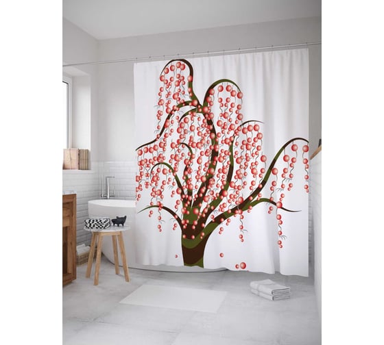 Штора (занавеска) для ванной JoyArty "Цветочные гирлянды на дереве" из сатена, 180х200 см с крючками, sc_32307 1
