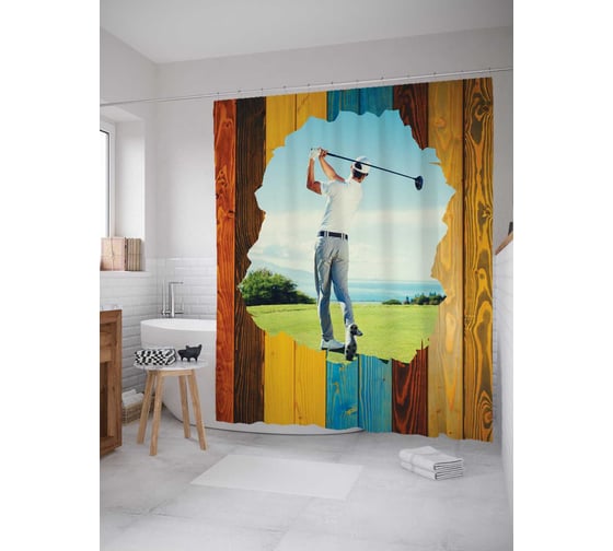 Штора (занавеска) для ванной JoyArty "Гольф за забором" из сатена, 180х200 см с крючками, sc_7675