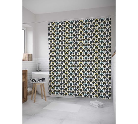 Штора (занавеска) для ванной JoyArty "Угловатая чешуя" из сатена, 180х200 см с крючками, sc_31807