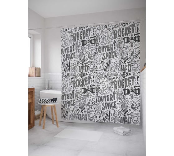 Штора (занавеска) для ванной JoyArty "Космические слова" из сатена, 180х200 см с крючками, sc_9867
