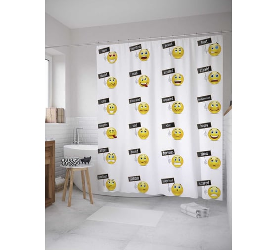 Штора (занавеска) для ванной JoyArty "Разные смайлики" из сатена, 180х200 см с крючками, sc_8316