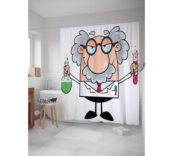 Штора (занавеска) для ванной JoyArty "Веселый химик" из сатена, 180х200 см с крючками, sc_7733
