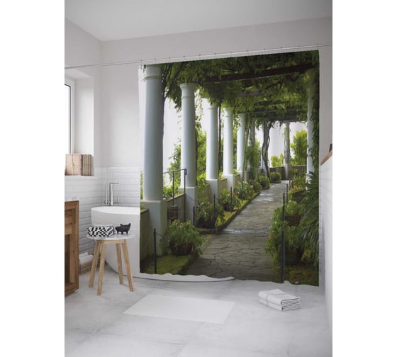 Штора (занавеска) для ванной JoyArty "Дорога под лианами" из сатена, 180х200 см с крючками, sc_34971 1
