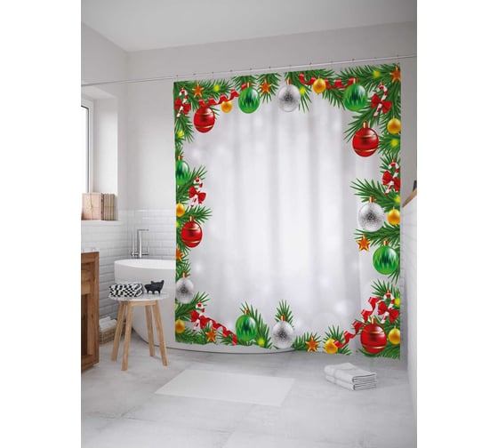 Штора (занавеска) для ванной JoyArty "Обрамление новогодними игрушками" из сатена, 180х200 см с крючками, sc_37067 1
