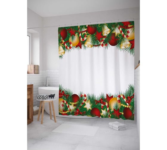 Штора (занавеска) для ванной JoyArty "Новогодние игрушки" из сатена, 180х200 см с крючками, sc_37043 1