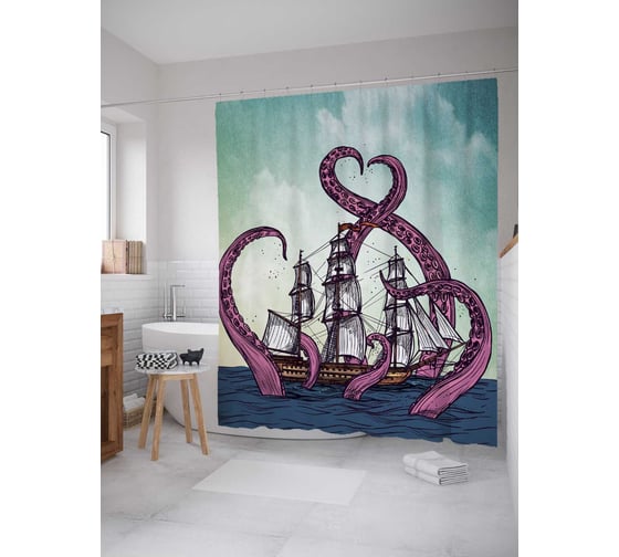 Штора (занавеска) для ванной JoyArty "В плену у Кракена" из сатена, 180х200 см с крючками, sc_7233 1