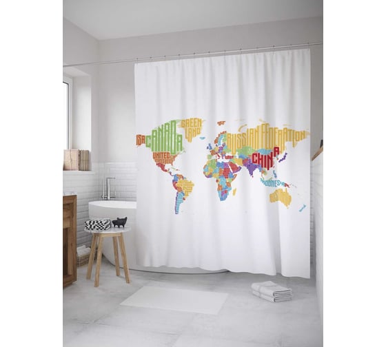 Штора (занавеска) для ванной JoyArty "Буквенная карта" из сатена, 180х200 см с крючками, sc_9053 1