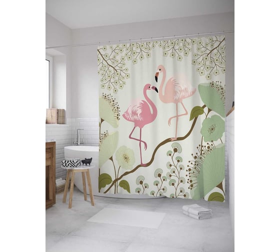 Штора (занавеска) для ванной JoyArty "Фламинго на ветках" из сатена, 180х200 см с крючками, sc_9041 1