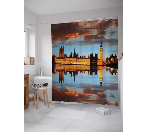 Штора (занавеска) для ванной JoyArty "Лондонская погода" из сатена, 180х200 см с крючками, sc_9412