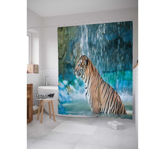 Штора (занавеска) для ванной JoyArty "Тигр вод водопадом" из сатена, 180х200 см с крючками, sc_38649 1