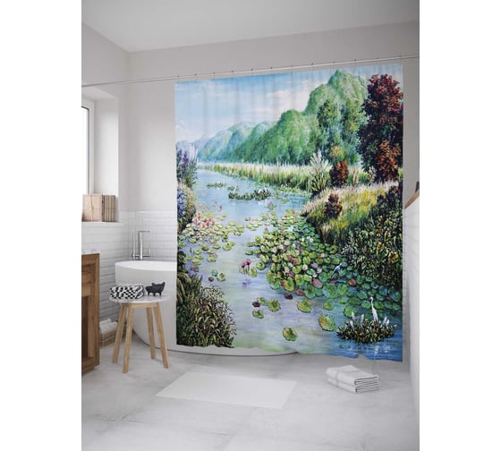 Штора (занавеска) для ванной JoyArty "Река в лилиях" из сатена, 180х200 см с крючками, sc_9275