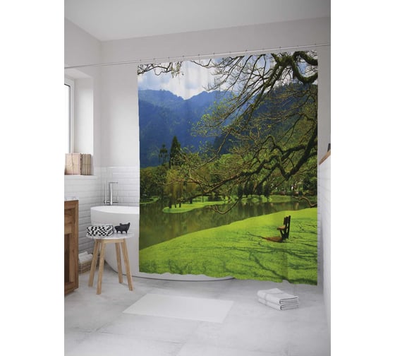 Штора (занавеска) для ванной JoyArty "Скамейка на берегу" из сатена, 180х200 см с крючками, sc_32571 1