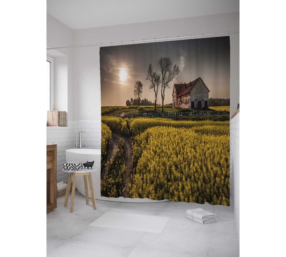 Штора (занавеска) для ванной JoyArty "Дорога в поле" из сатена, 180х200 см с крючками, sc_35992 1