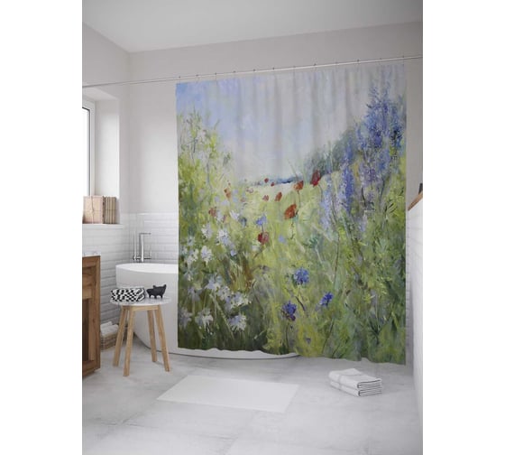 Штора (занавеска) для ванной JoyArty "Васильковое поле" из сатена, 180х200 см с крючками, sc_9190 1