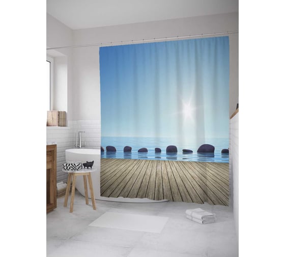 Штора (занавеска) для ванной JoyArty "Береговые камни" из сатена, 180х200 см с крючками, sc_8307 1