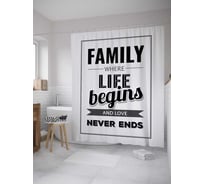 Штора (занавеска) для ванной JoyArty "Семья, где жизнь начинается и любовь никогда не кончается" из сатена, 180х200 см с крючками, sc_34556