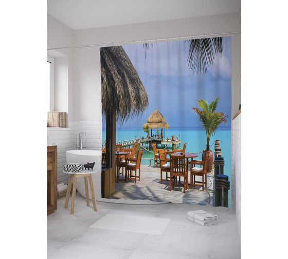 Штора (занавеска) для ванной JoyArty "Кафе на море" из сатена, 180х200 см с крючками, sc_9381 1