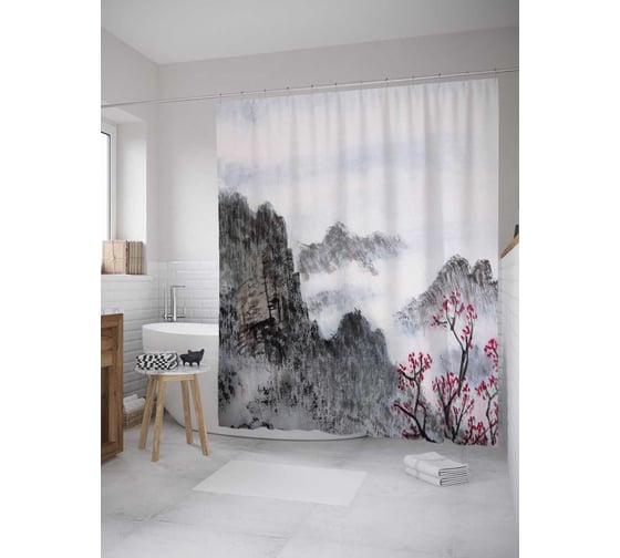 Штора (занавеска) для ванной JoyArty "Китайская живопись" из сатена, 180х200 см с крючками, sc_32274 1