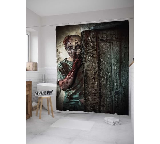Штора (занавеска) для ванной JoyArty "Окровавленный зомби" из сатена, 180х200 см с крючками, sc_36409 1