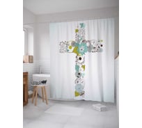 Штора (занавеска) для ванной JoyArty "Цветочный крест" из сатена, 180х200 см с крючками, sc_9579