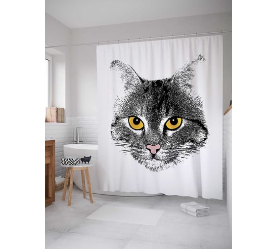 Штора (занавеска) для ванной JoyArty "Кошачий взгляд" из сатена, 180х200 см с крючками, sc_9627 1