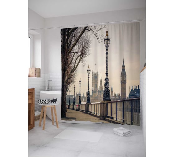 Штора (занавеска) для ванной JoyArty "Лондонская набережная" из сатена, 180х200 см с крючками, sc_9408