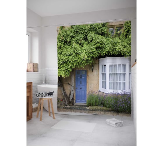 Штора (занавеска) для ванной JoyArty "Дверь под сенью листвы" из сатена, 180х200 см с крючками, sc_979 1