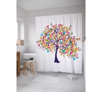 Штора (занавеска) для ванной JoyArty "Дерево и бабочки" из сатена, 180х200 см с крючками, sc_4909