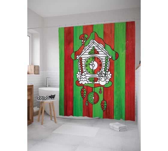 Штора (занавеска) для ванной JoyArty "Полосатые часы" из сатена, 180х200 см с крючками, sc_5532 1